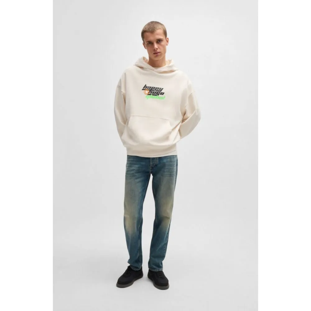 Oversize-fit cotton-terry hoodie with Happy HUGO logo