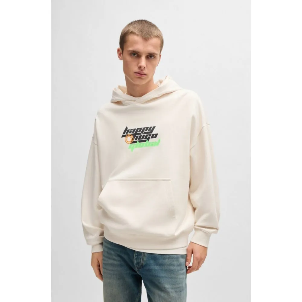 Oversize-fit cotton-terry hoodie with Happy HUGO logo