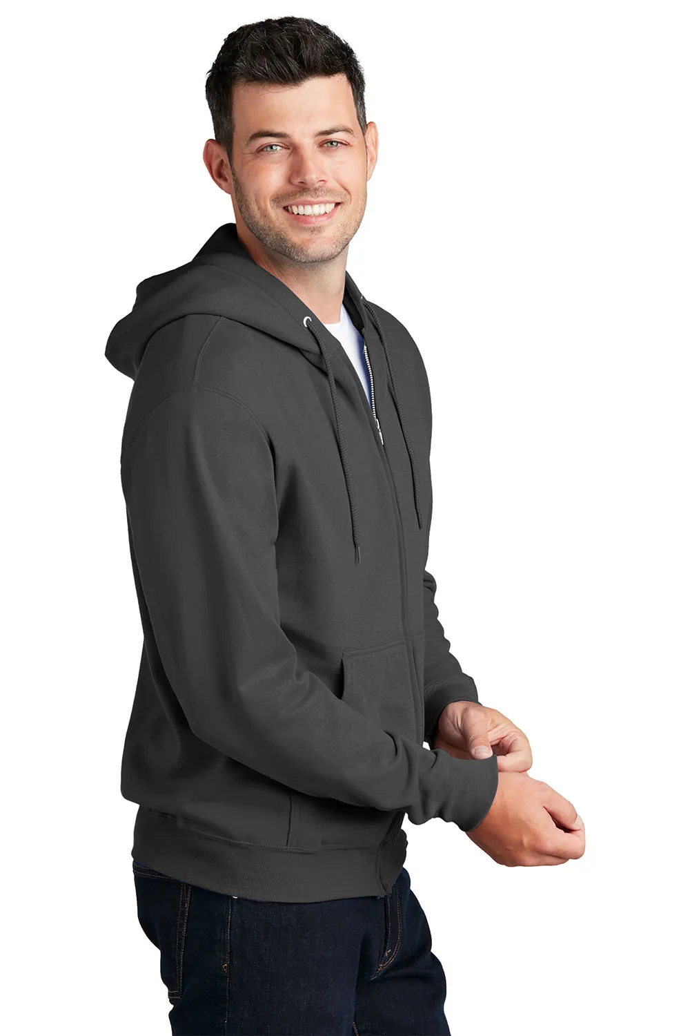 Port & Company Mens Core Pill Resistant Fleece Full Zip Hooded Sweatshirt Hoodie w/ Pockets - Charcoal Grey