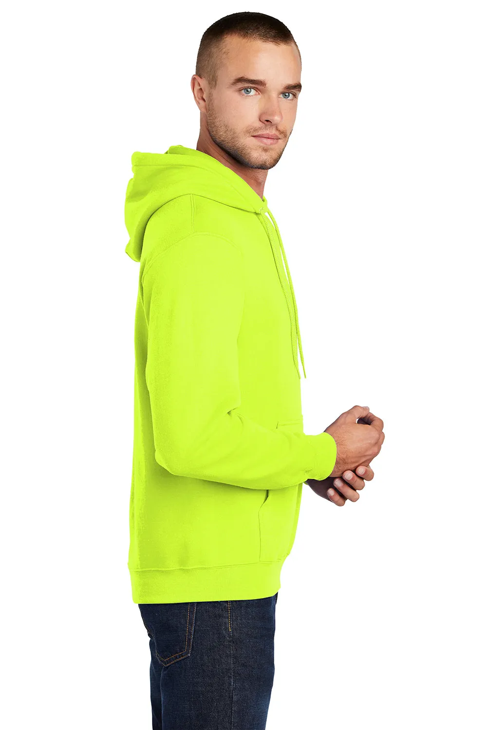 Port & Company Mens Core Pill Resistant Fleece Hooded Sweatshirt Hoodie w/ Pouch Pocket - Safety Green
