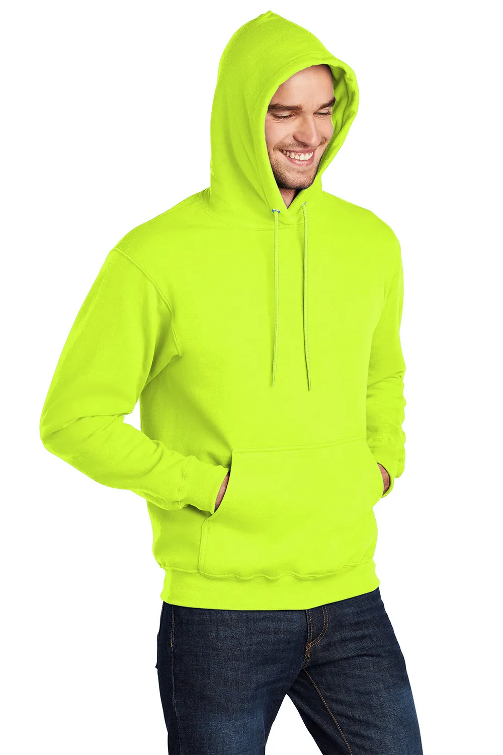 Port & Company Mens Core Pill Resistant Fleece Hooded Sweatshirt Hoodie w/ Pouch Pocket - Safety Green