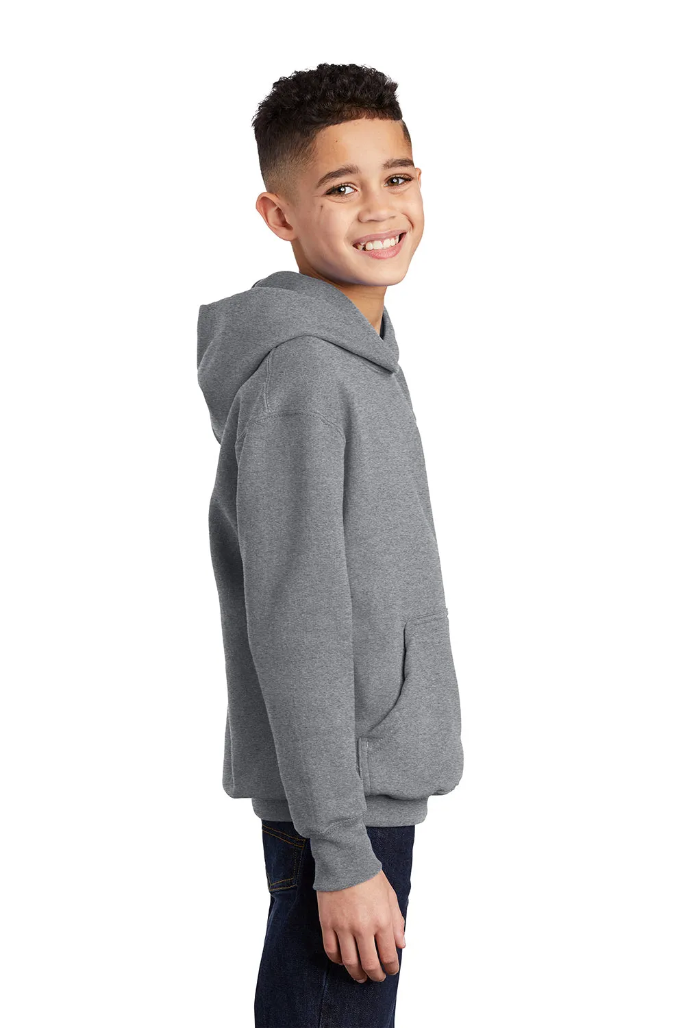 Port & Company Youth Core Pill Resistant Fleece Hooded Sweatshirt Hoodie w/ Pouch Pocket - Heather Grey
