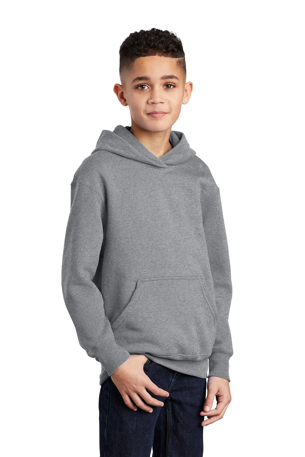 Port & Company Youth Core Pill Resistant Fleece Hooded Sweatshirt Hoodie w/ Pouch Pocket - Heather Grey