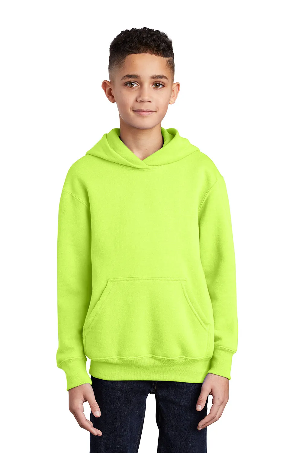 Port & Company Youth Core Pill Resistant Fleece Hooded Sweatshirt Hoodie w/ Pouch Pocket - Neon Yellow