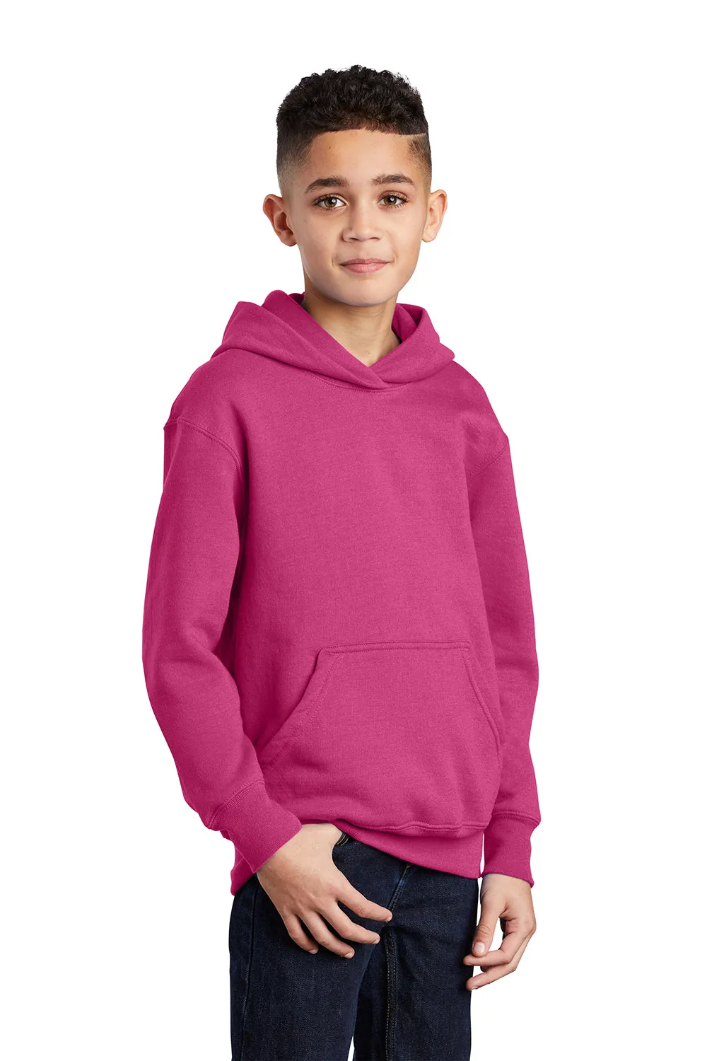 Port & Company Youth Core Pill Resistant Fleece Hooded Sweatshirt Hoodie w/ Pouch Pocket - Sangria Pink