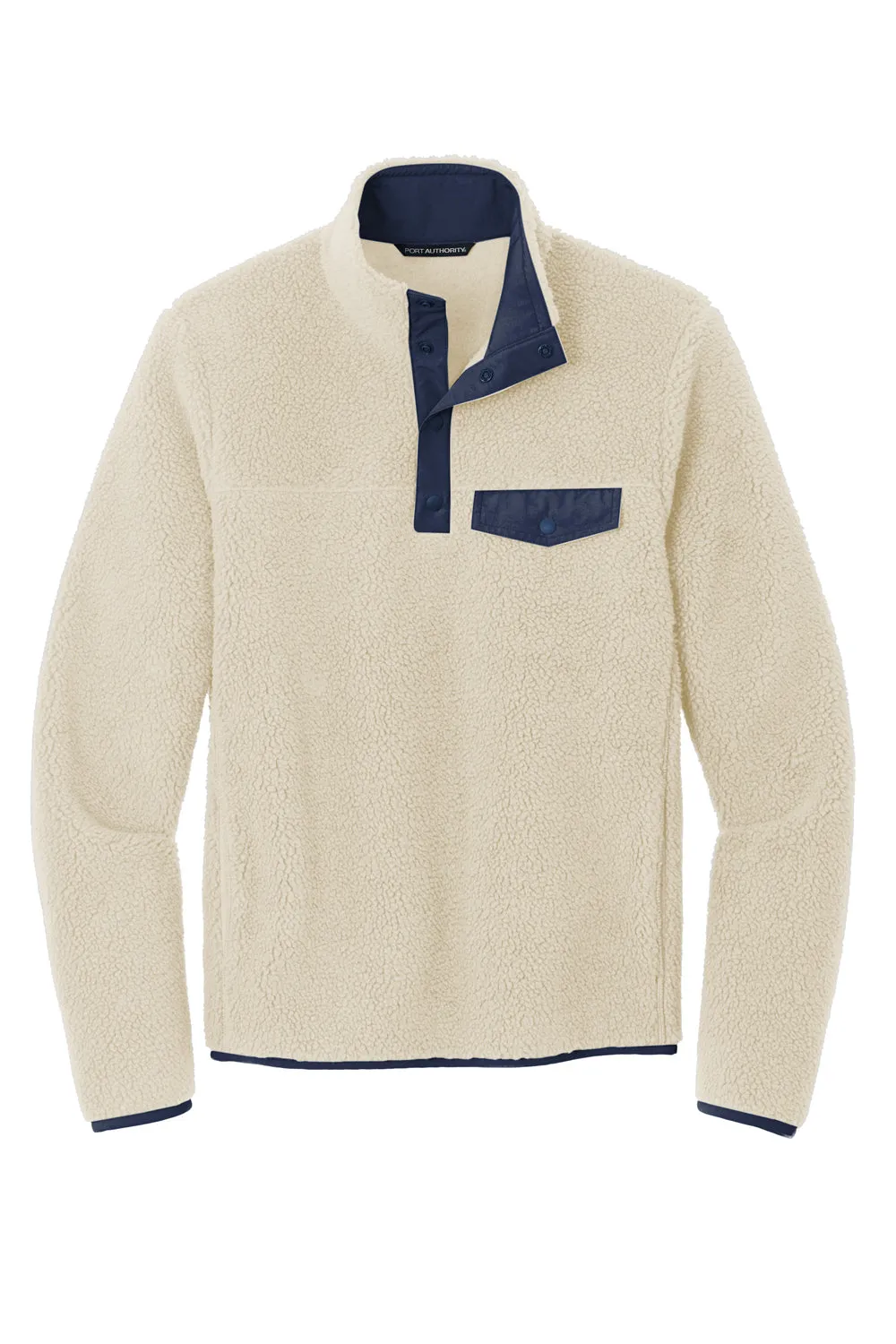 Port Authority Mens Camp Fleece 1/4 Snap Sweatshirt w/ Pockets - Oat/Dress Navy Blue