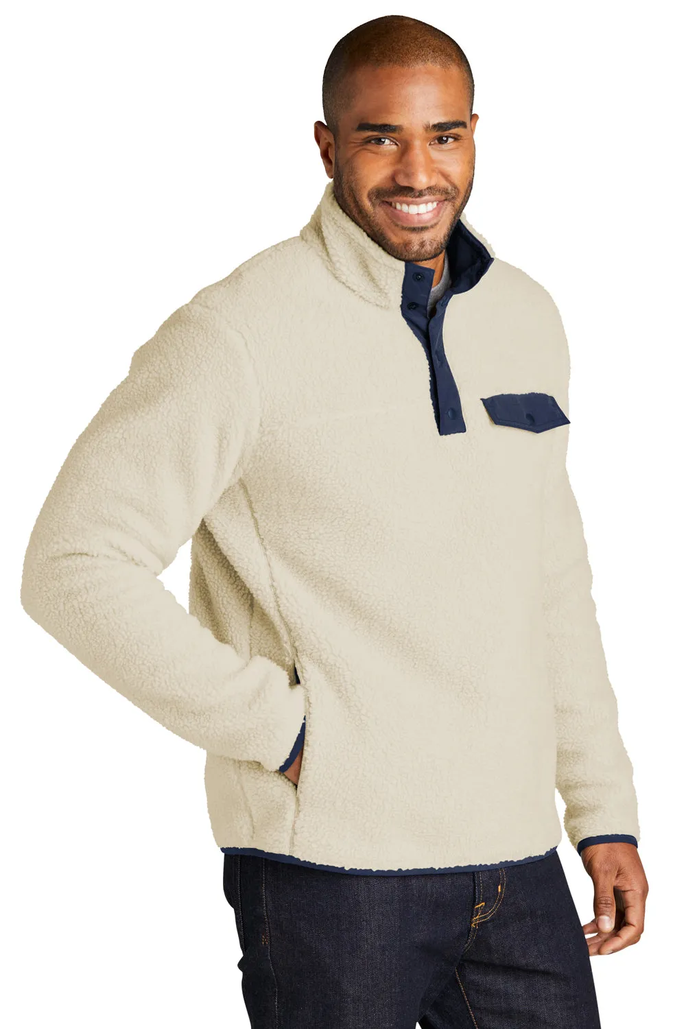 Port Authority Mens Camp Fleece 1/4 Snap Sweatshirt w/ Pockets - Oat/Dress Navy Blue