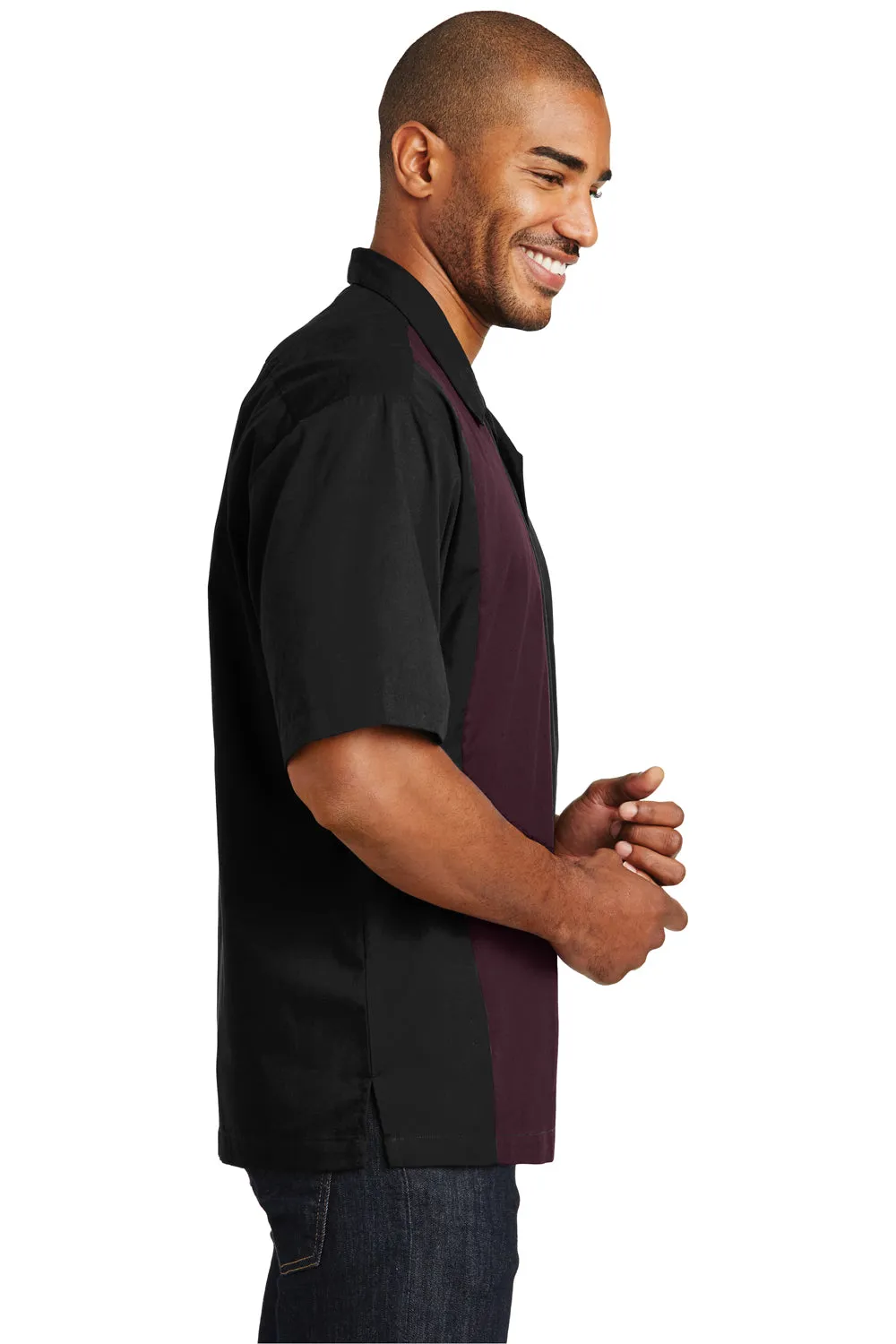 Port Authority Mens Retro Easy Care Wrinkle Resistant Short Sleeve Button Down Camp Shirt - Black/Burgundy - Closeout