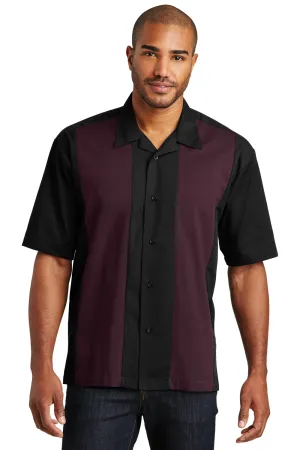 Port Authority Mens Retro Easy Care Wrinkle Resistant Short Sleeve Button Down Camp Shirt - Black/Burgundy - Closeout