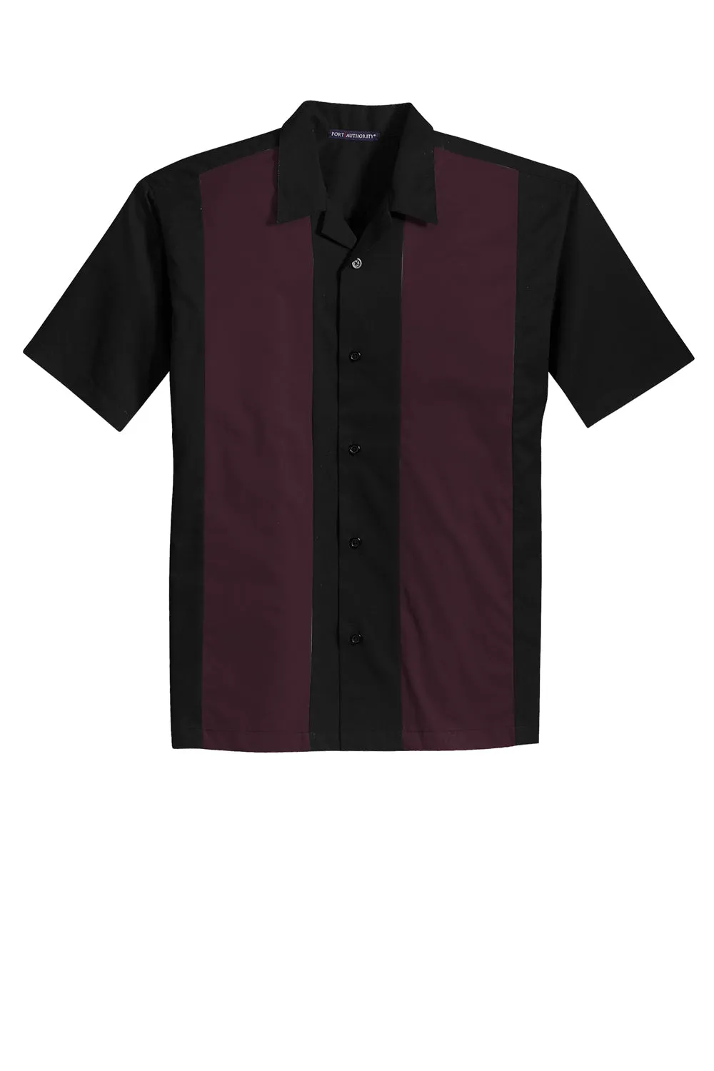 Port Authority Mens Retro Easy Care Wrinkle Resistant Short Sleeve Button Down Camp Shirt - Black/Burgundy - Closeout