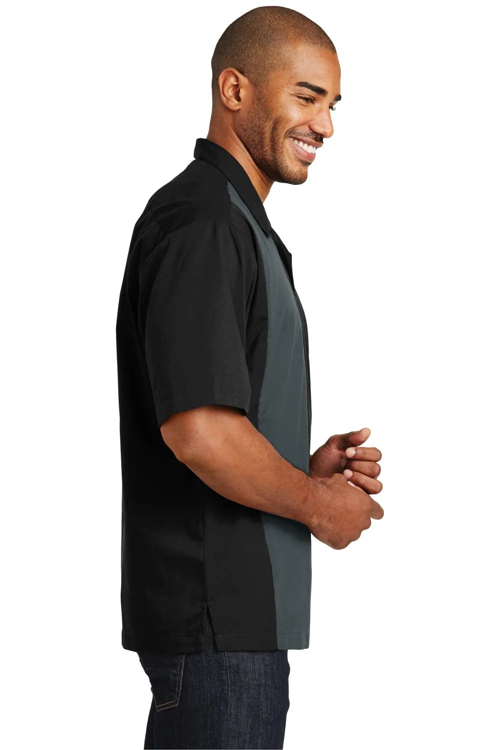 Port Authority Mens Retro Easy Care Wrinkle Resistant Short Sleeve Button Down Camp Shirt - Black/Steel Grey - Closeout