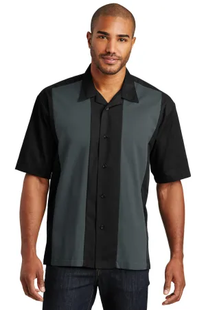 Port Authority Mens Retro Easy Care Wrinkle Resistant Short Sleeve Button Down Camp Shirt - Black/Steel Grey - Closeout