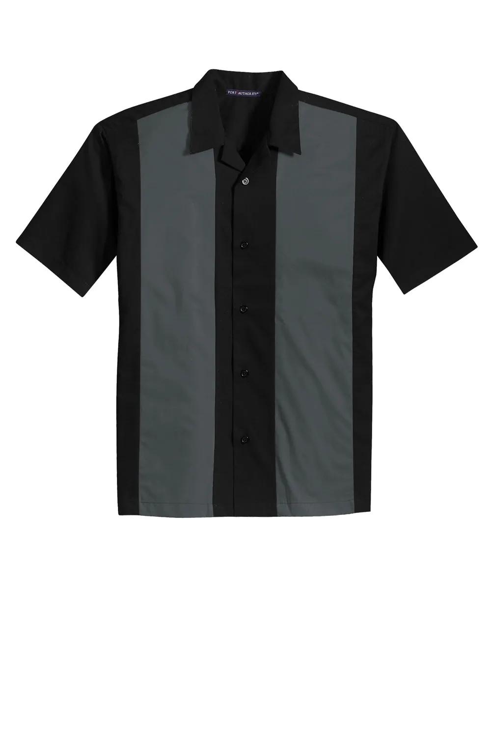 Port Authority Mens Retro Easy Care Wrinkle Resistant Short Sleeve Button Down Camp Shirt - Black/Steel Grey - Closeout