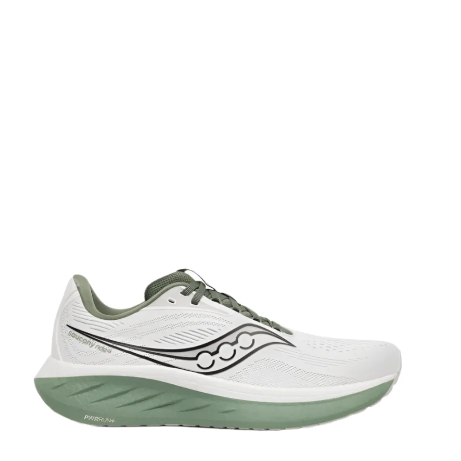 Saucony Men's Ride 18 Running Shoes in White/Olivine SS25 Shoes_Saucony