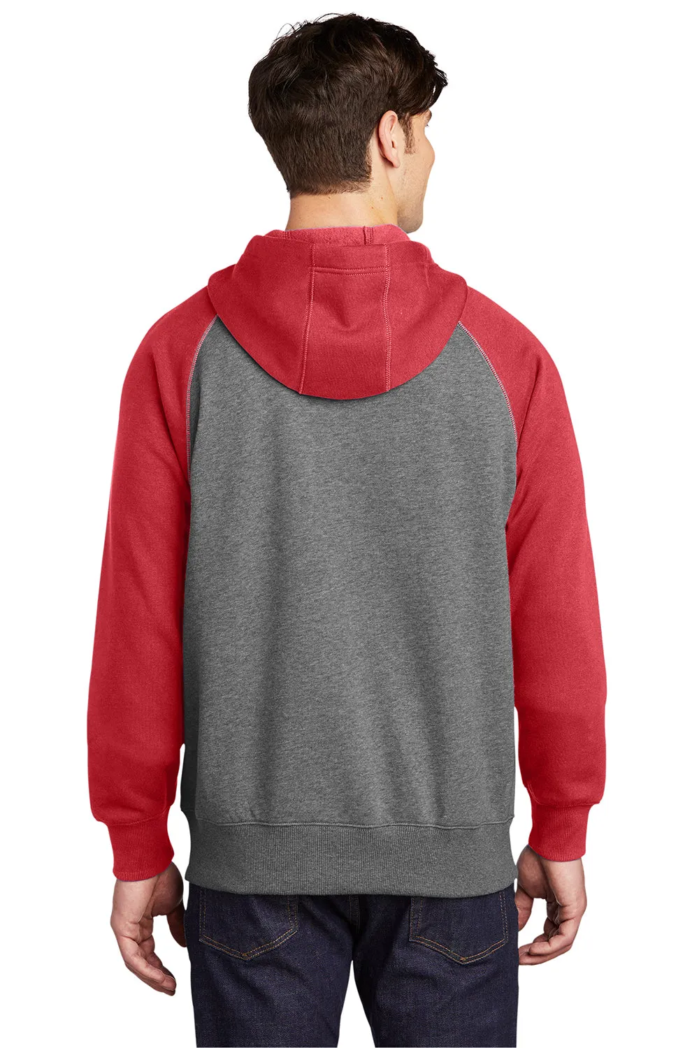 Sport-Tek Mens Shrink Resistant Fleece Full Zip Hooded Sweatshirt Hoodie w/ Pockets - Heather Vintage Grey/True Red - Closeout