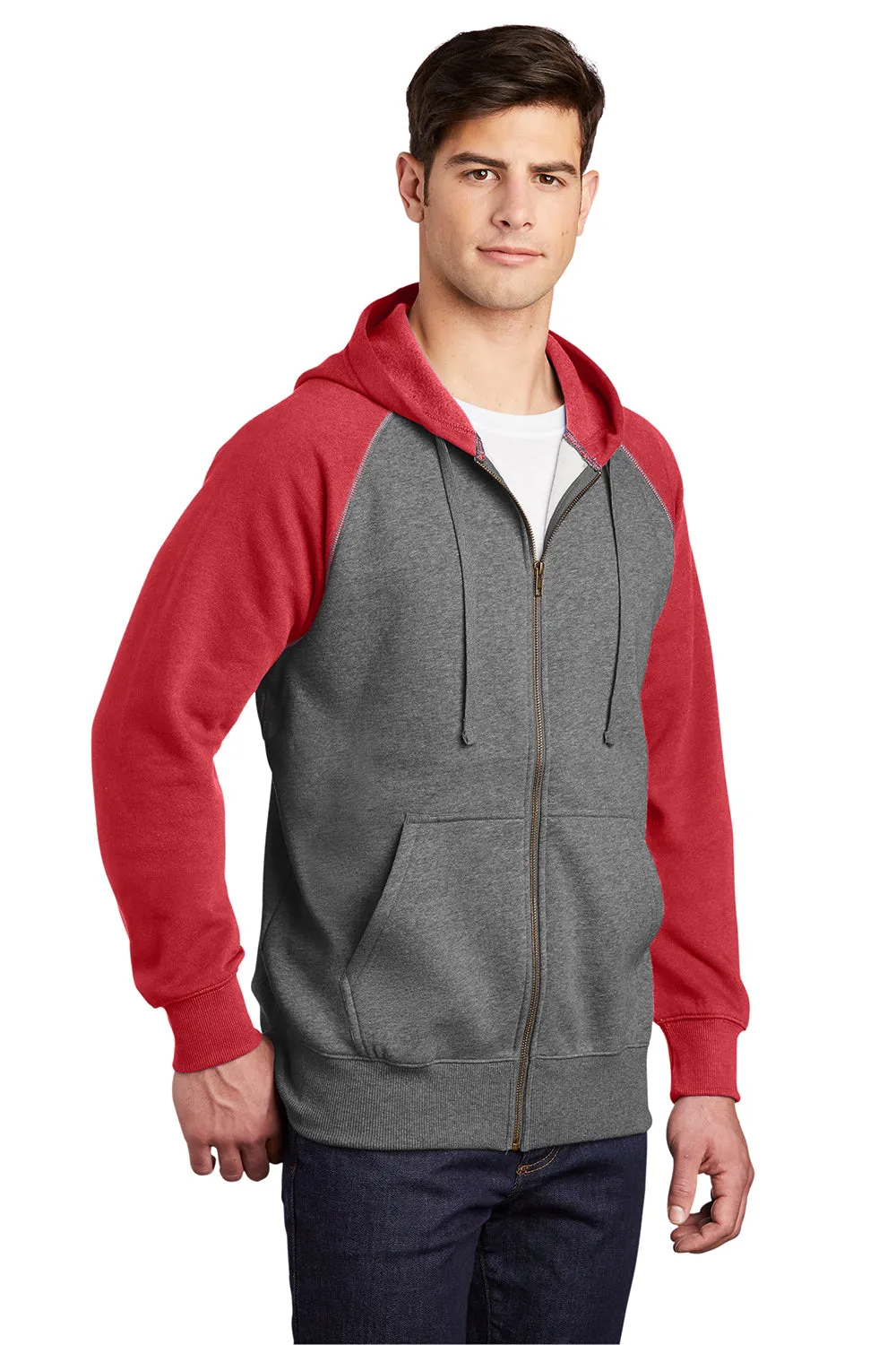 Sport-Tek Mens Shrink Resistant Fleece Full Zip Hooded Sweatshirt Hoodie w/ Pockets - Heather Vintage Grey/True Red - Closeout
