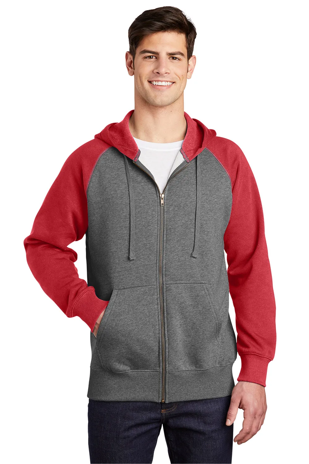 Sport-Tek Mens Shrink Resistant Fleece Full Zip Hooded Sweatshirt Hoodie w/ Pockets - Heather Vintage Grey/True Red - Closeout