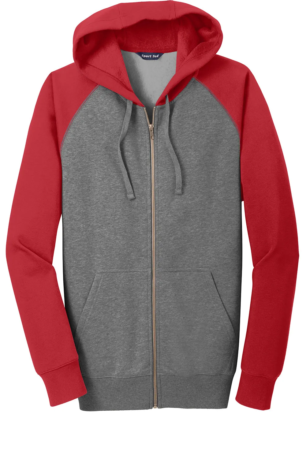 Sport-Tek Mens Shrink Resistant Fleece Full Zip Hooded Sweatshirt Hoodie w/ Pockets - Heather Vintage Grey/True Red - Closeout