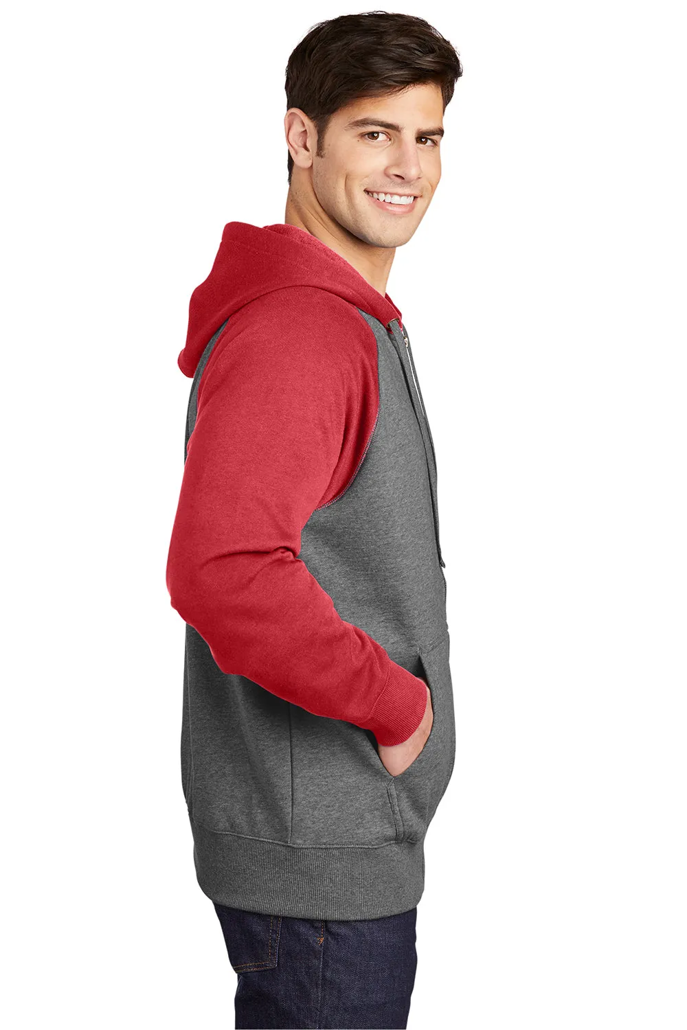 Sport-Tek Mens Shrink Resistant Fleece Full Zip Hooded Sweatshirt Hoodie w/ Pockets - Heather Vintage Grey/True Red - Closeout