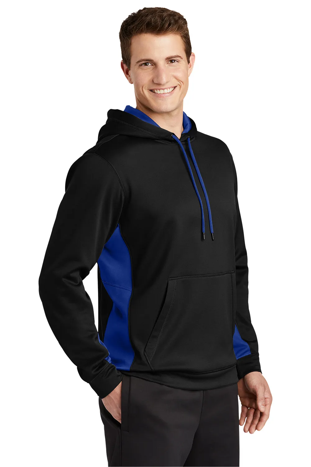 Sport-Tek Mens Sport-Wick Moisture Wicking Fleece Hooded Sweatshirt Hoodie w/ Pouch Pocket - Black/True Royal Blue