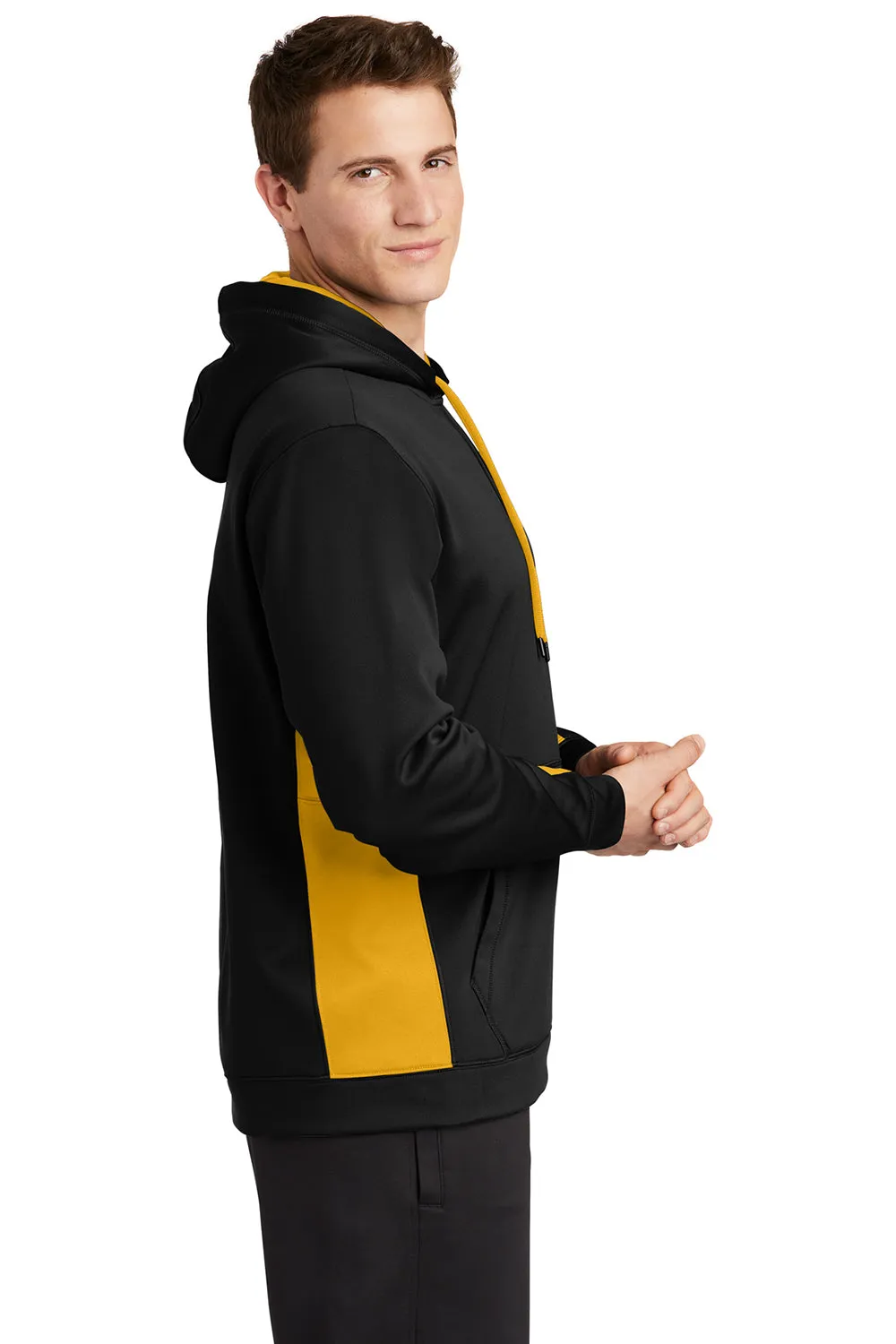 Sport-Tek Mens Sport-Wick Moisture Wicking Fleece Hooded Sweatshirt Hoodie w/ Pouch Pocket - Black/True Royal Blue