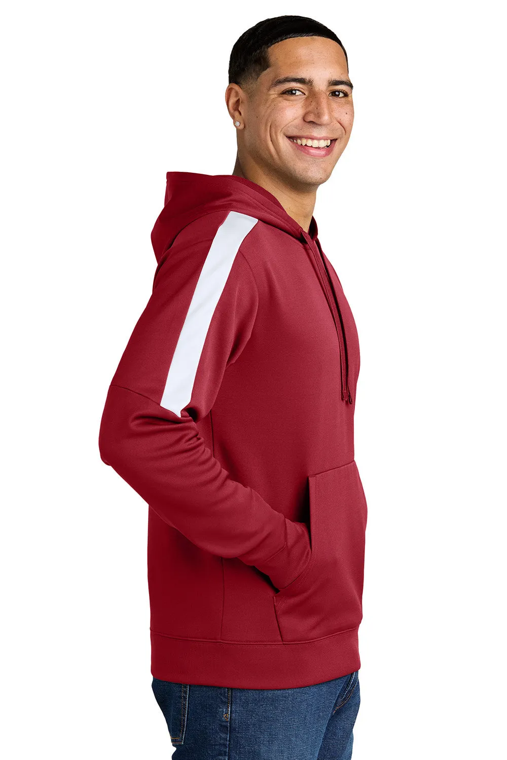 Sport-Tek Mens Sport-Wick Moisture Wicking United Fleece Hooded Sweatshirt Hoodie w/ Pouch Pocket - Deep Red/White