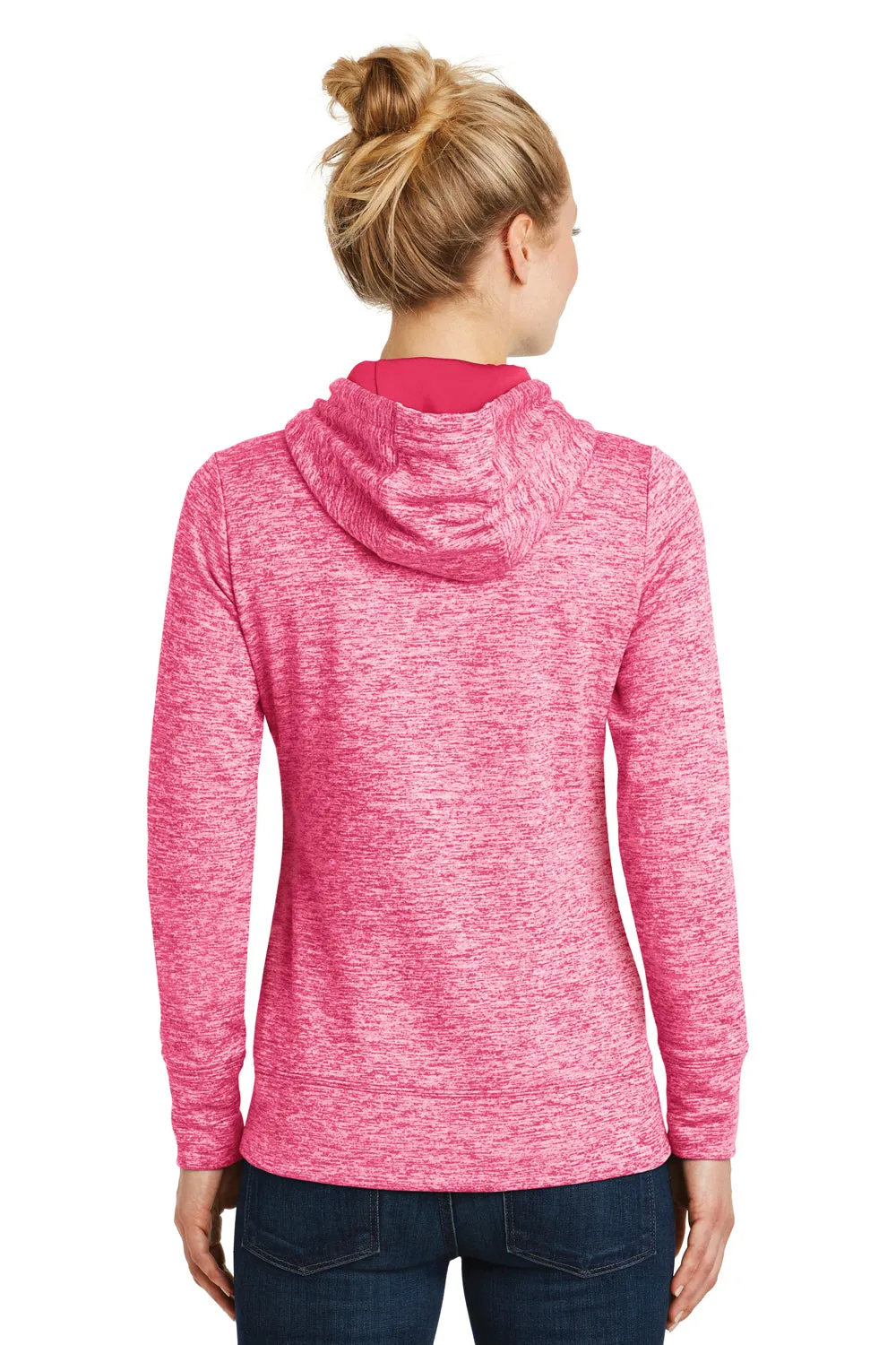 Sport-Tek Womens Electric Heather Moisture Wicking Fleece Hooded Sweatshirt Hoodie w/ Pouch Pocket - Power Pink Electric - Closeout