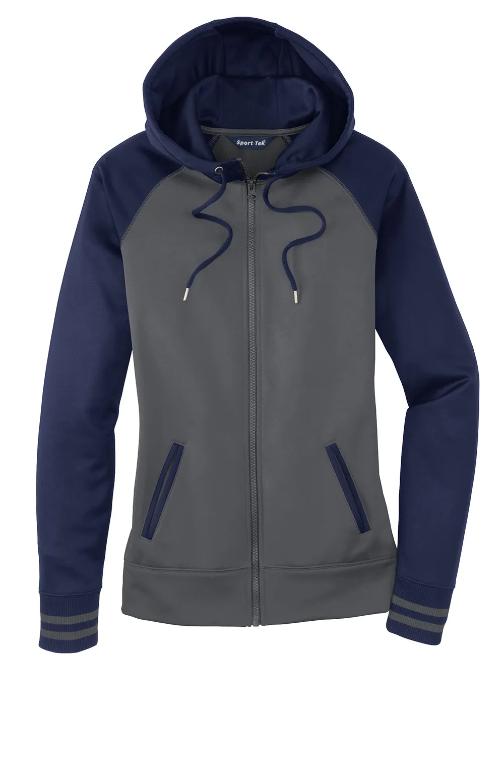 Sport-Tek Womens Sport-Wick Moisture Wicking Fleece Hooded Sweatshirt Hoodie w/ Pockets - Dark Smoke Grey/Navy Blue