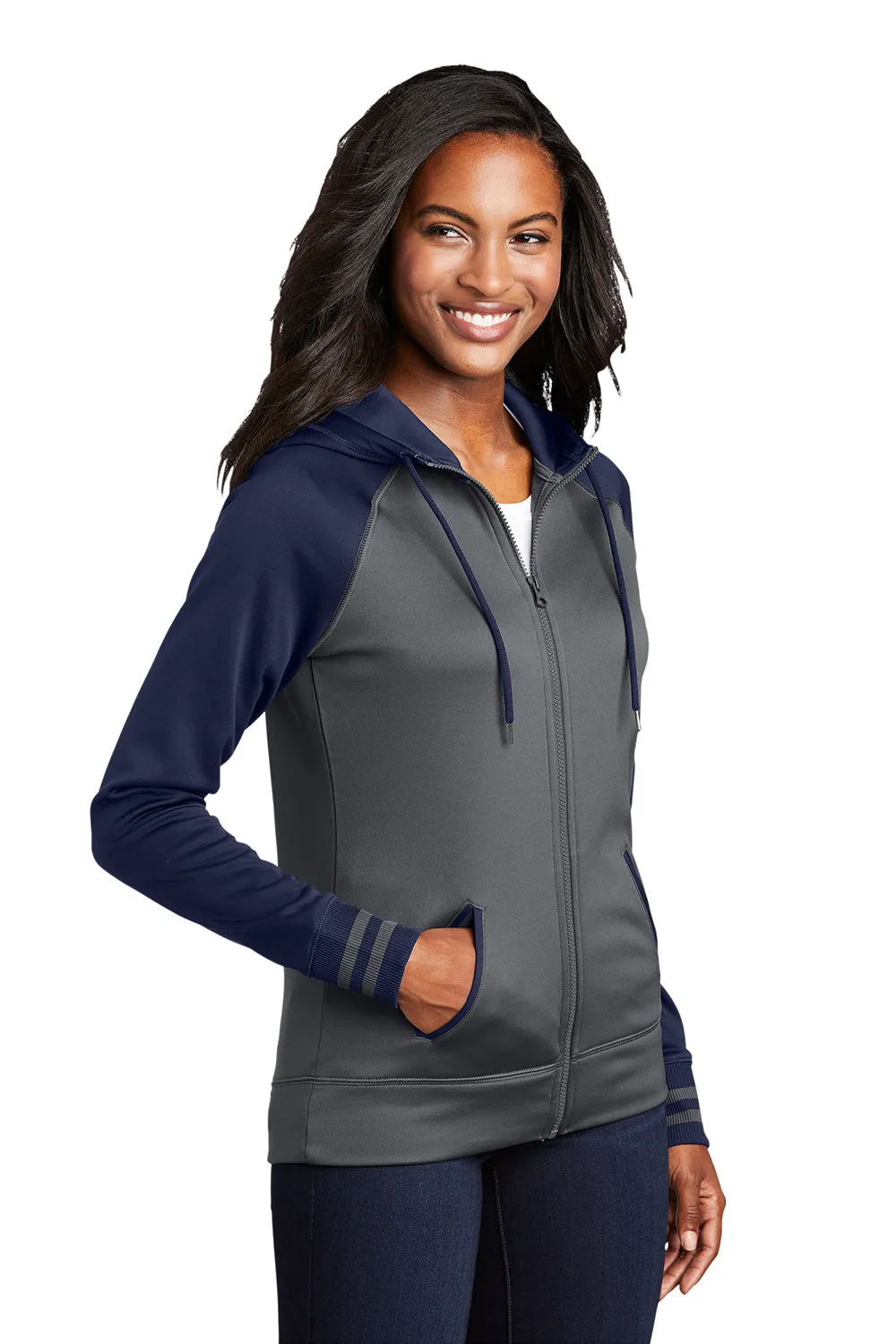 Sport-Tek Womens Sport-Wick Moisture Wicking Fleece Hooded Sweatshirt Hoodie w/ Pockets - Dark Smoke Grey/Navy Blue