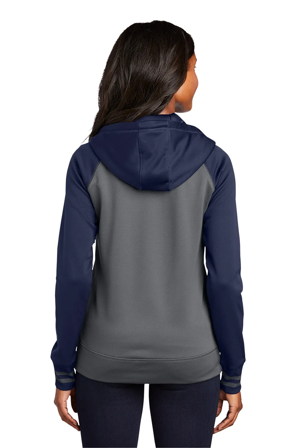 Sport-Tek Womens Sport-Wick Moisture Wicking Fleece Hooded Sweatshirt Hoodie w/ Pockets - Dark Smoke Grey/Navy Blue