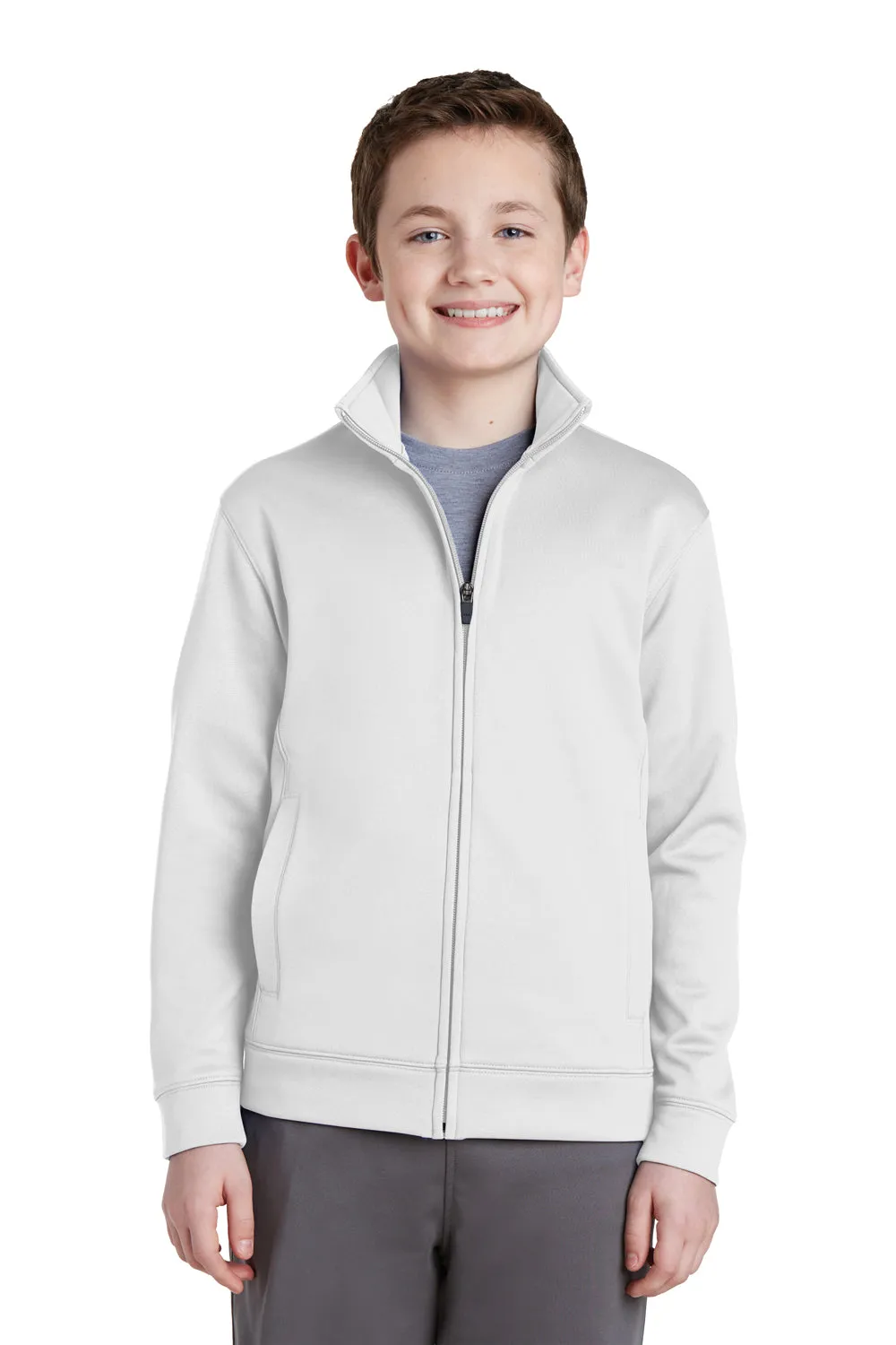 Sport-Tek Youth Sport-Wick Moisture Wicking Fleece Full Zip Sweatshirt w/ Pockets - White
