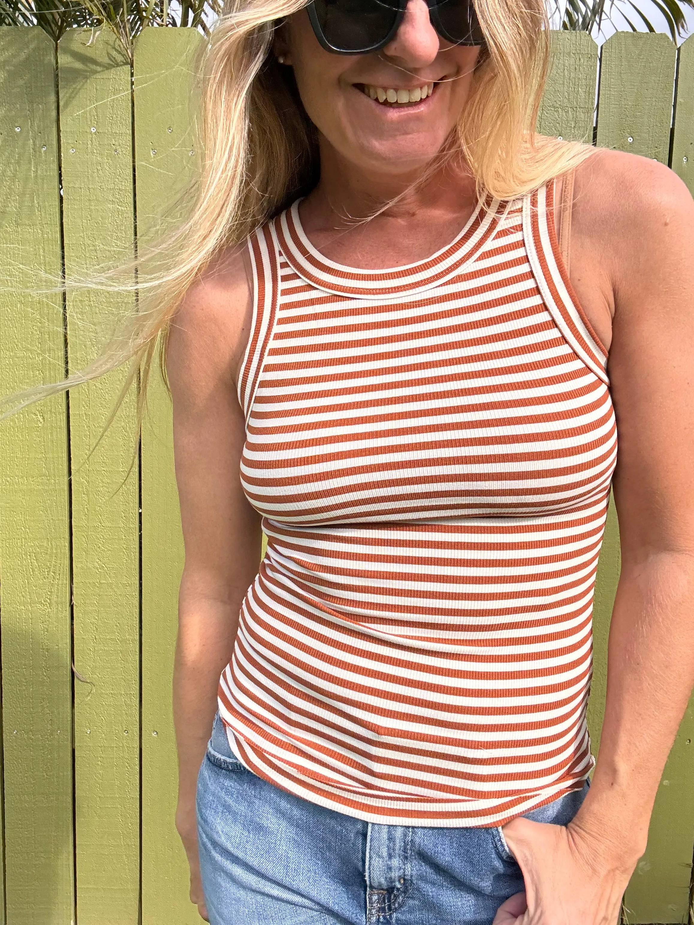 Tan Striped Fitted Tank Top
