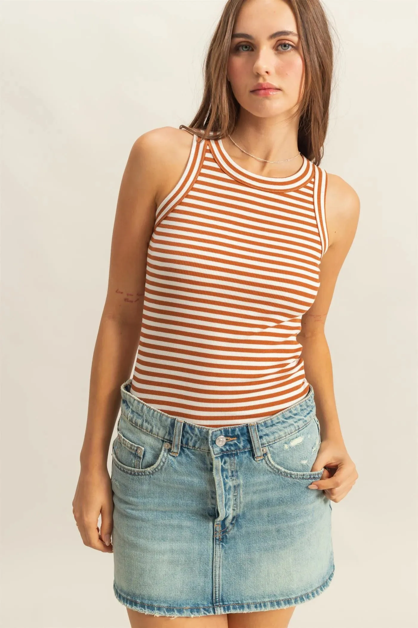 Tan Striped Fitted Tank Top