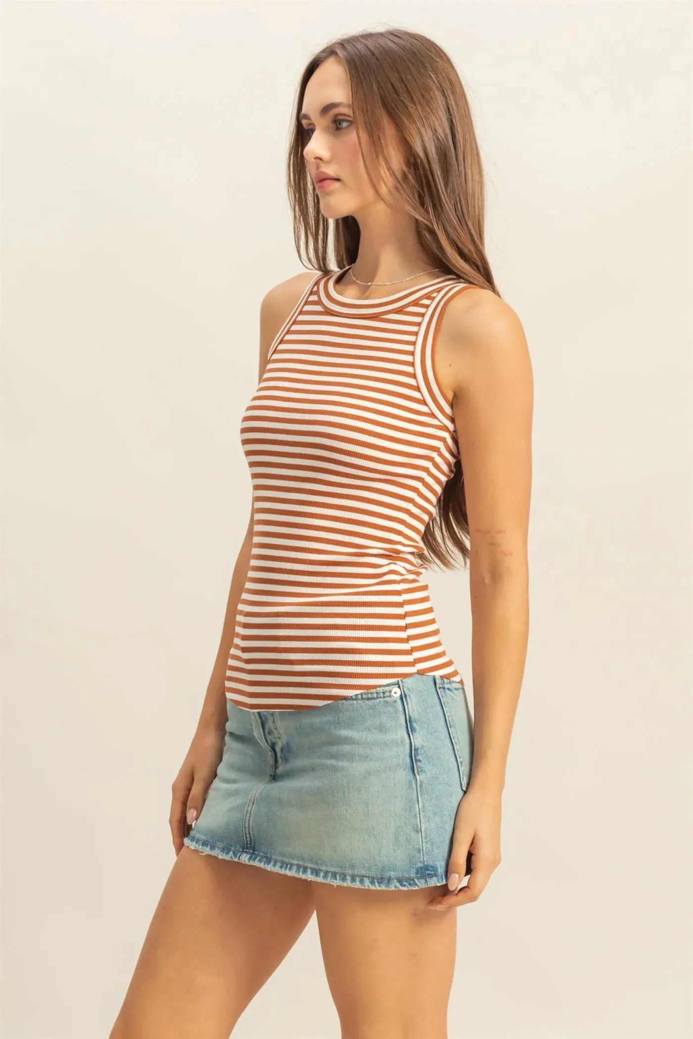 Tan Striped Fitted Tank Top