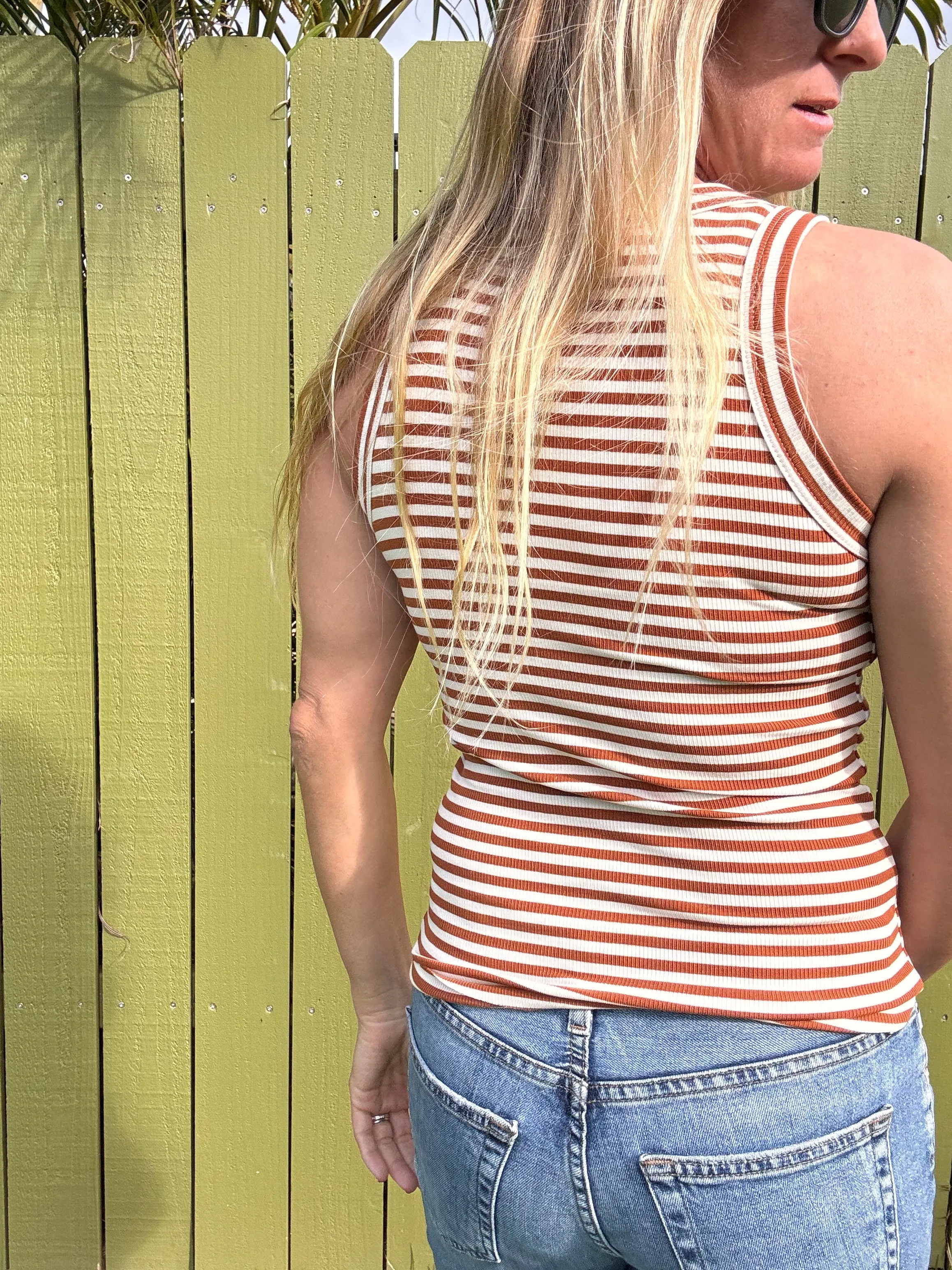 Tan Striped Fitted Tank Top