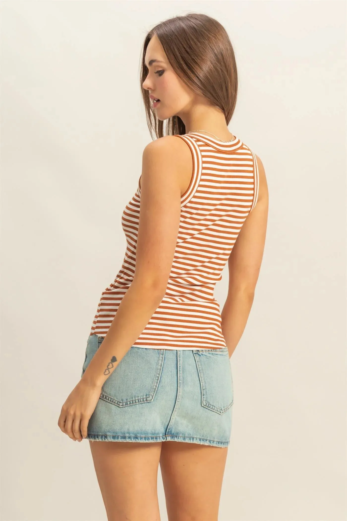 Tan Striped Fitted Tank Top