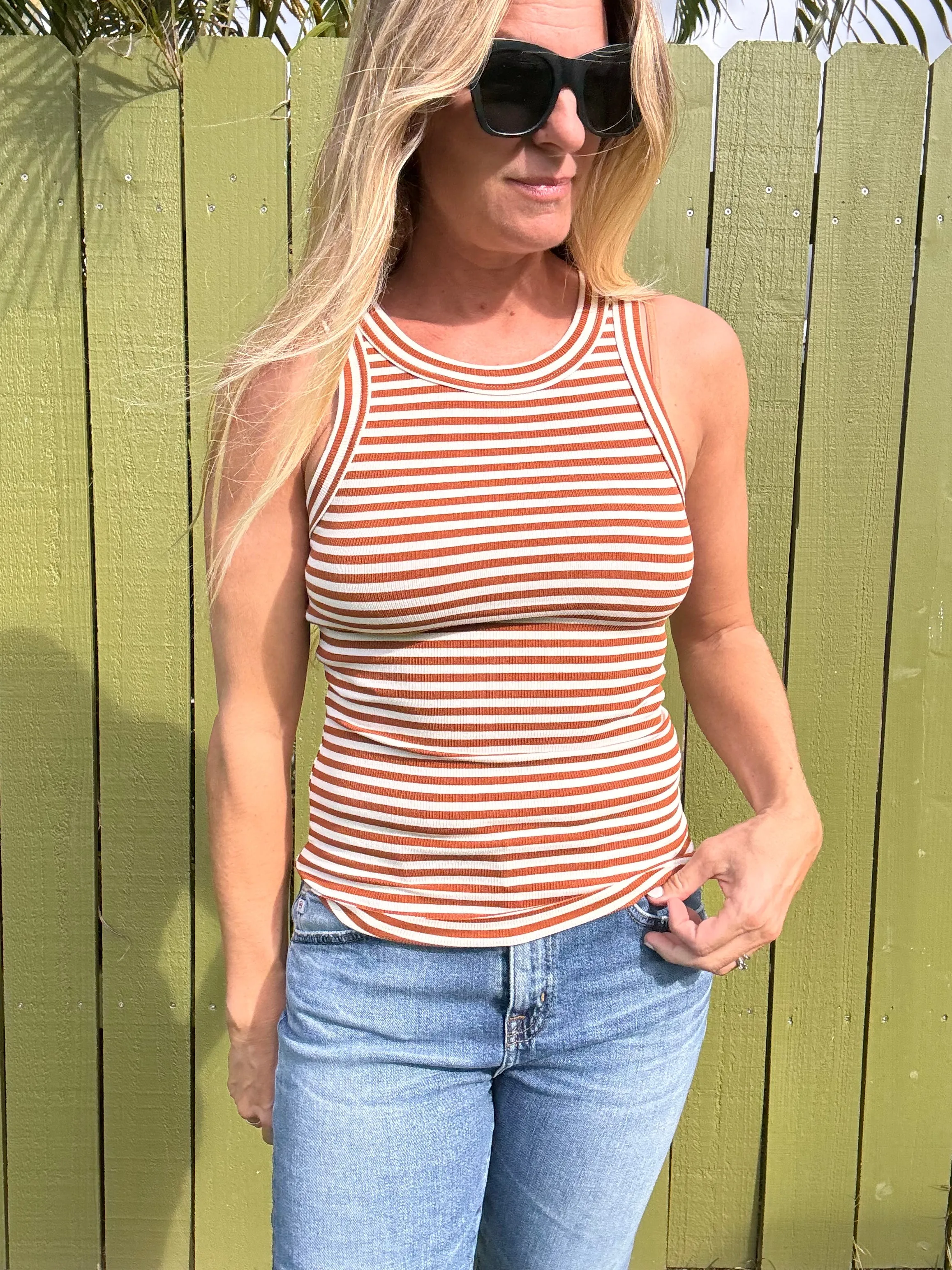 Tan Striped Fitted Tank Top