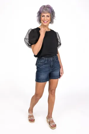 The Ronnie from Judy Blue: High-Rise Back Flap Pocket Denim Shorts