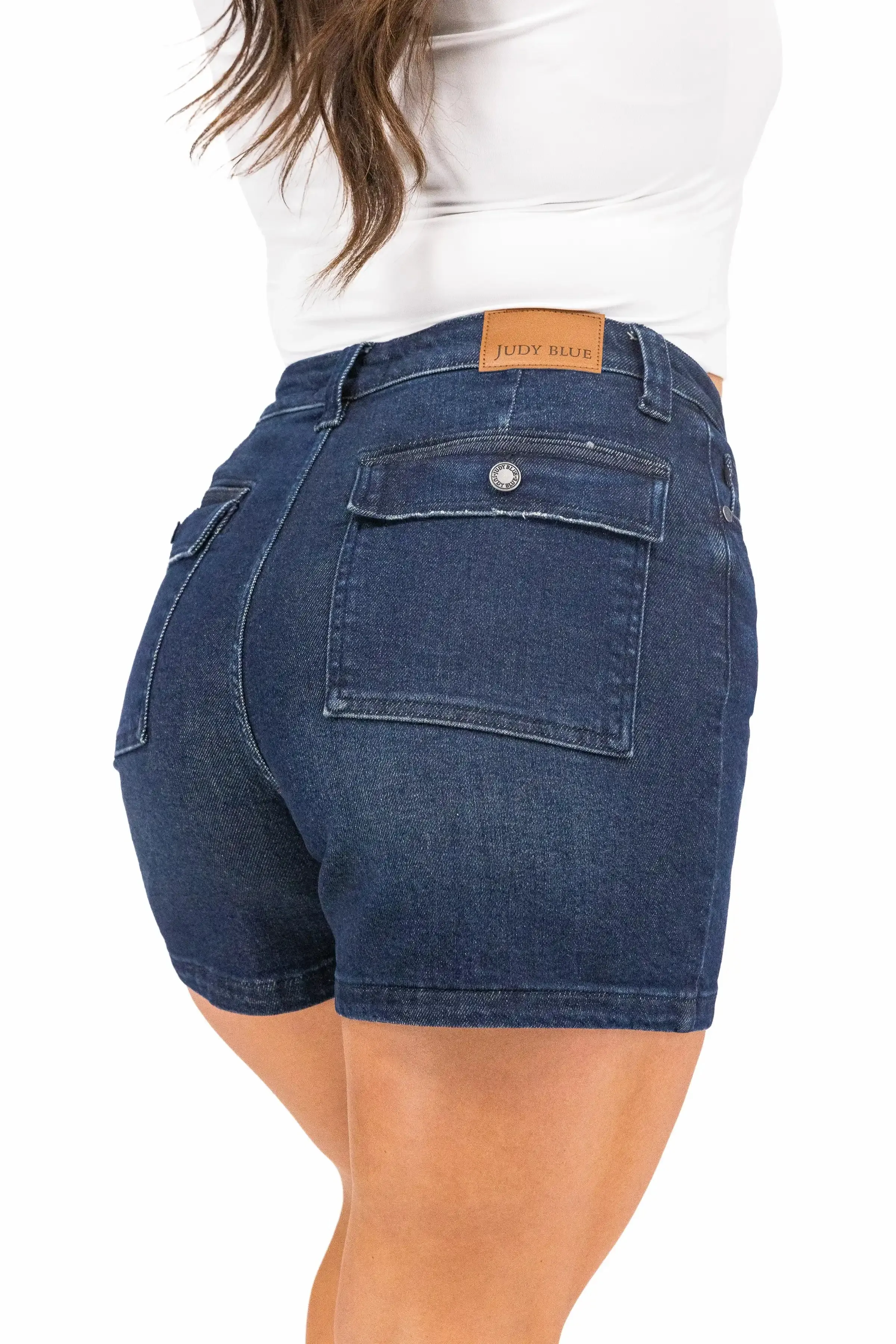 The Ronnie from Judy Blue: High-Rise Back Flap Pocket Denim Shorts