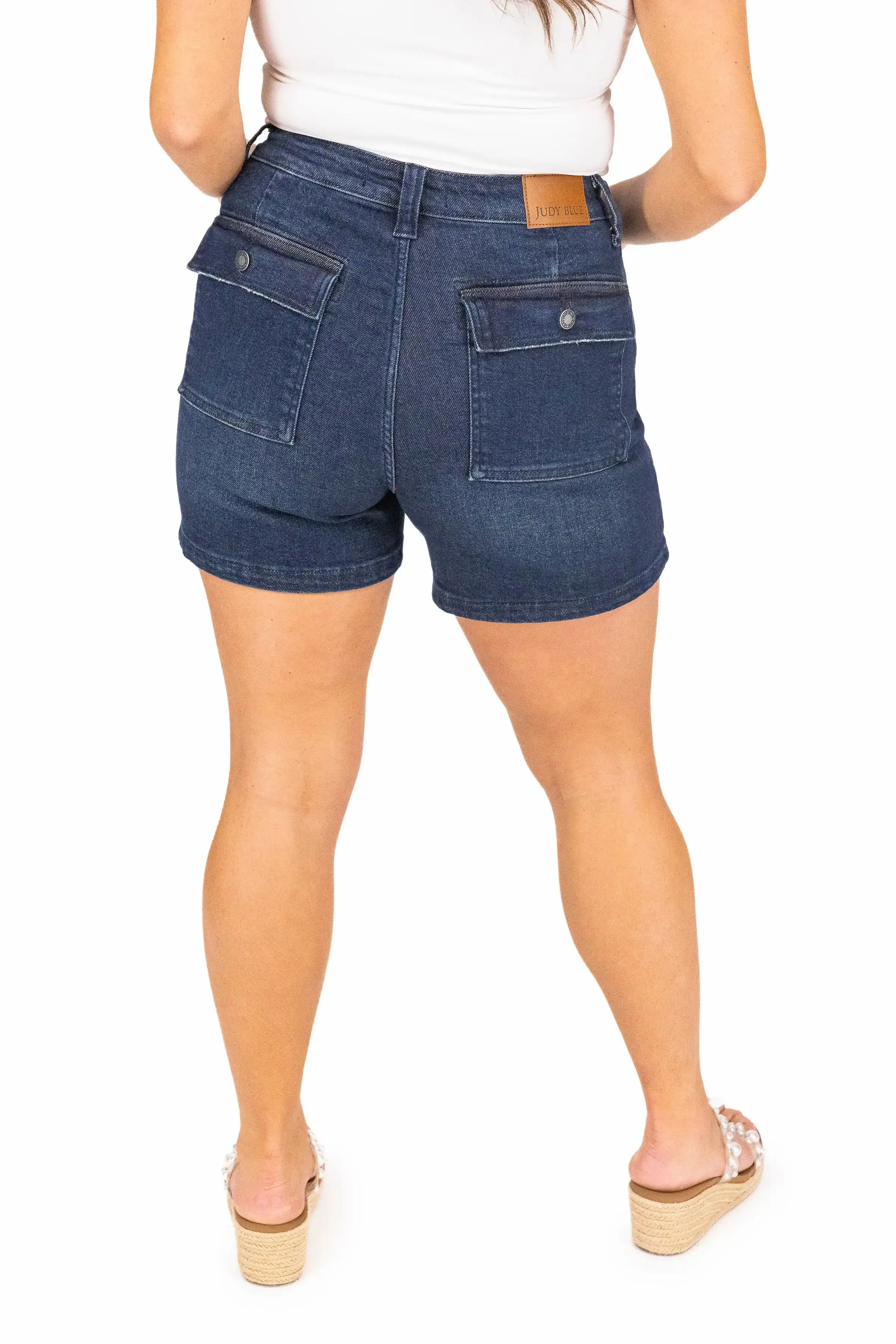 The Ronnie from Judy Blue: High-Rise Back Flap Pocket Denim Shorts