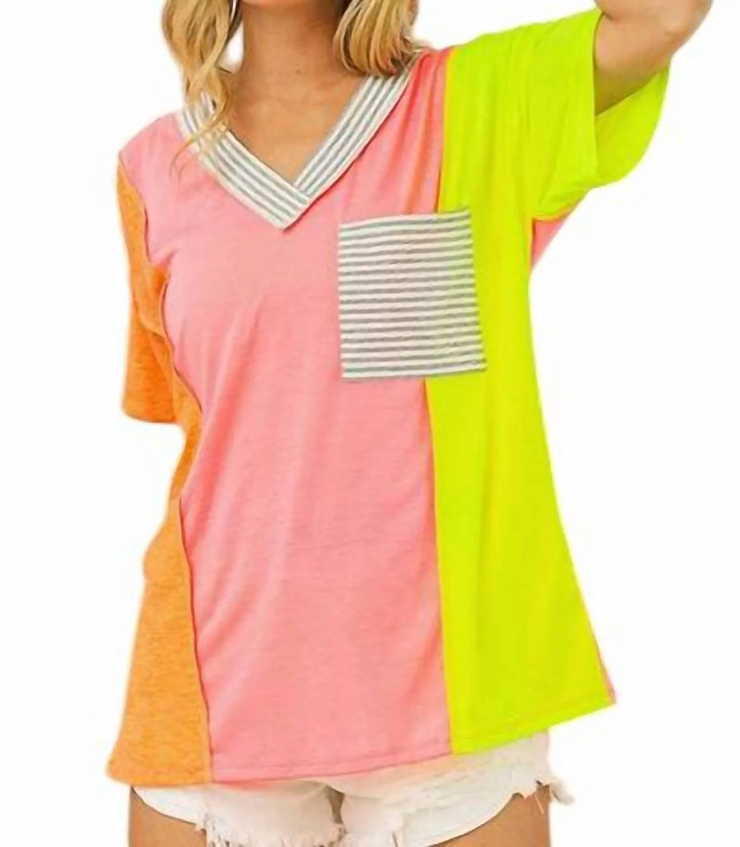 Women's Color Block V-Neck Top In Coral/pink/n.yell