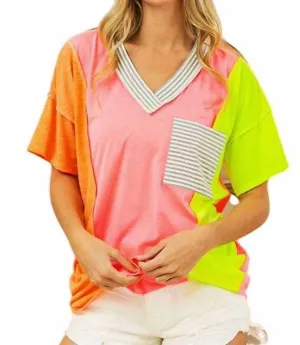 Women's Color Block V-Neck Top In Coral/pink/n.yell