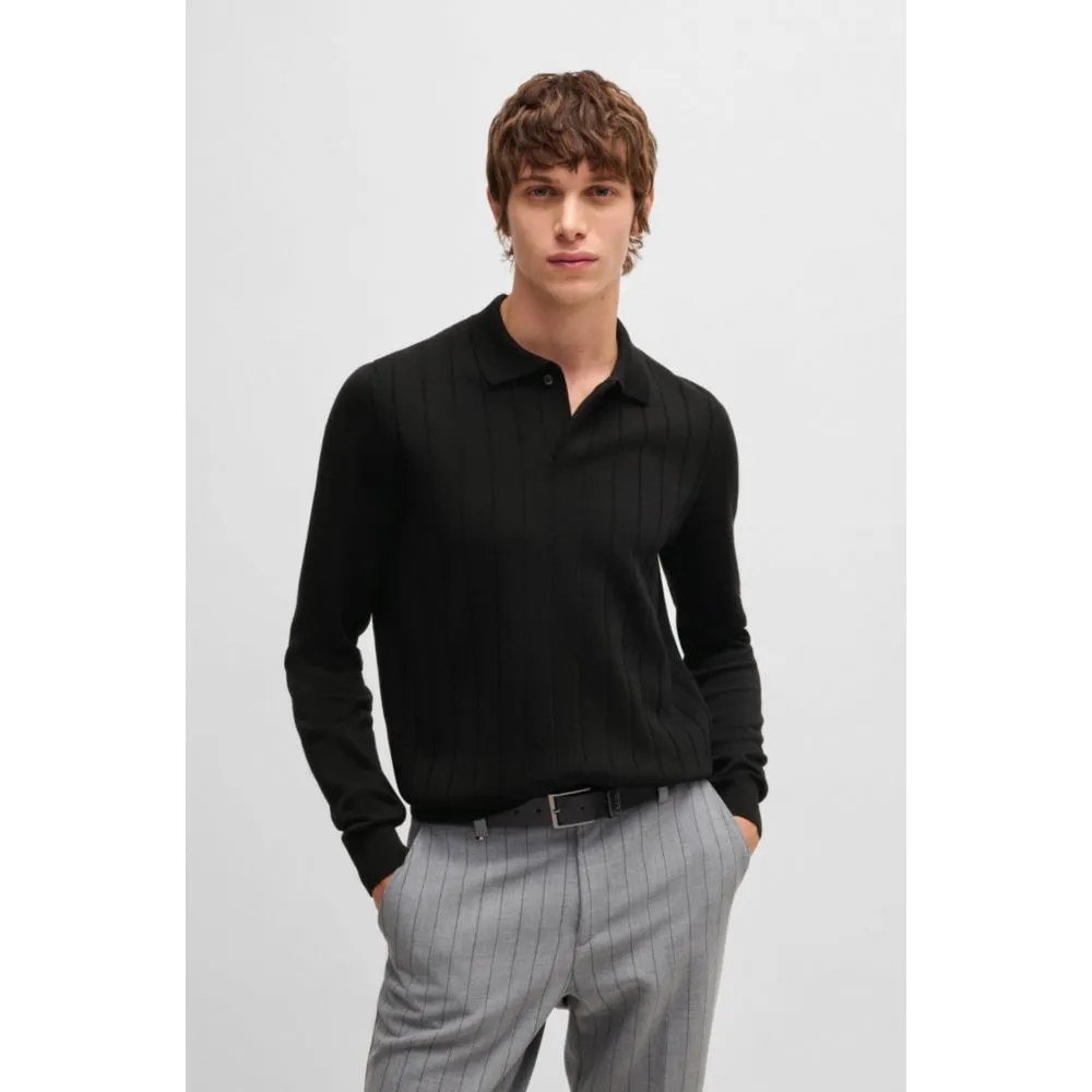 Wool polo sweater with knitted stripes